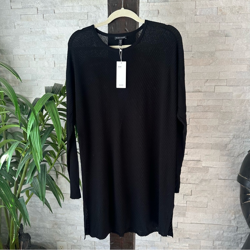 Eileen Fisher Black Tencel Stretch Roundneck Tunic Top Size M New with Tags